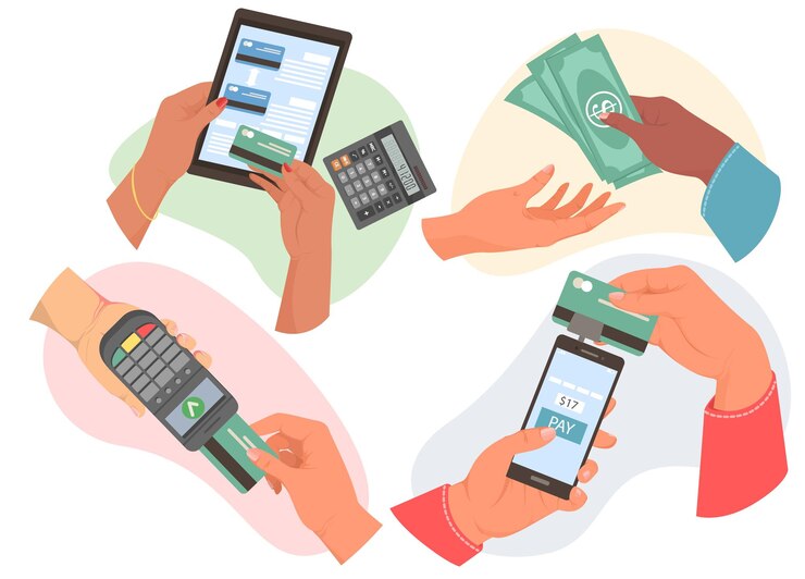 Vettore pagamento tramite applicazione per telefono cellulare, carta di credito, conto bancario online e denaro in contanti