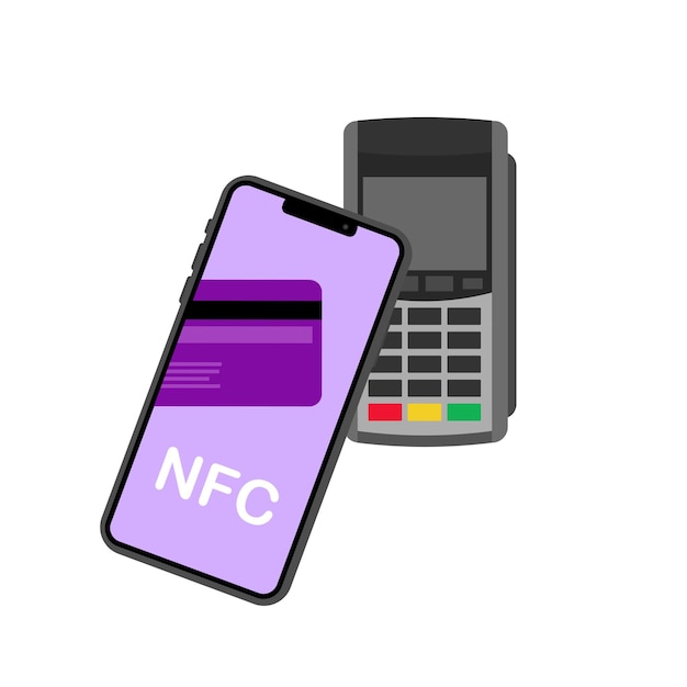 Pagamento tramite terminale utilizzando telefono NFC schermo del telefono di pagamento telefonico NFC a colori piatti con icona del terminale della carta bancaria per il pagamento con carta icona vettoriale