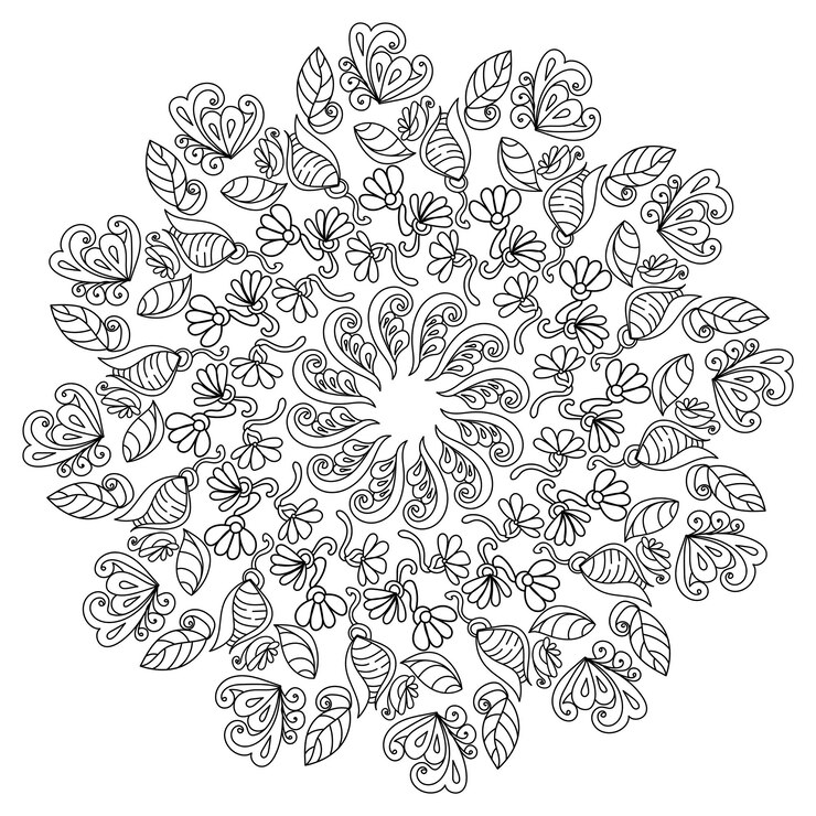 Pagina da colorare antistress con fiori e foglie doodle elementi di fantasia e riccioli