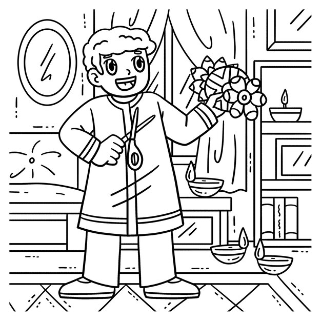 Pagina da colorare Bambino di Diwali con ritagli di Rangoli