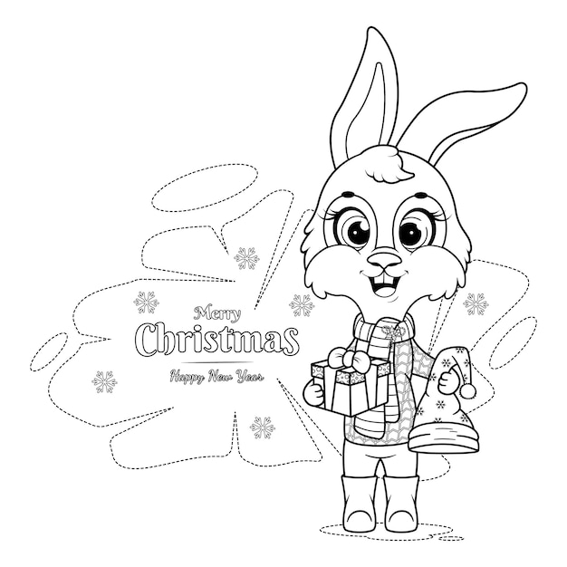 Pagina da colorare Buon Natale e felice anno nuovo card con coniglietto