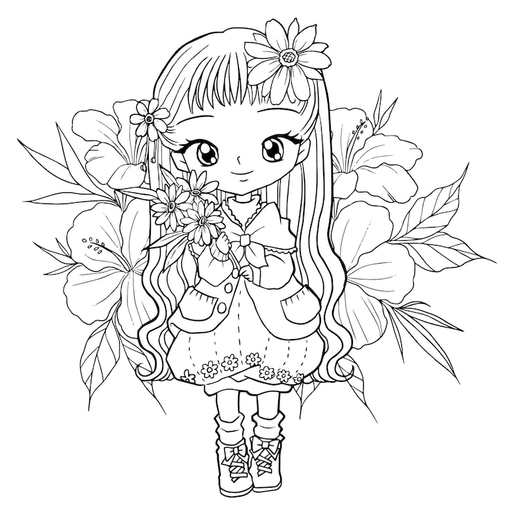 Vettore pagina da colorare cartone animato carino kawaii manga illustrazione clipart bambino disegno personaggio