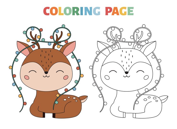 Pagina da colorare con cervi carini e luci di Natale
