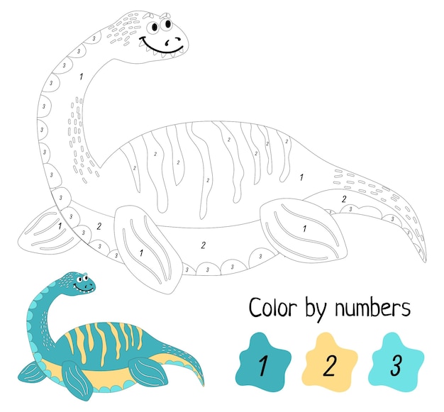 Pagina da colorare con i numeri Dinosauro divertente Gioco educativo per bambini in età prescolare impara numeri e colori