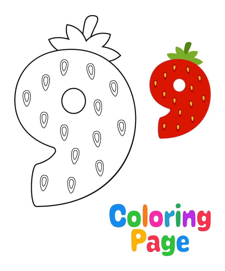 Vettore pagina da colorare con il numero 9 per bambini