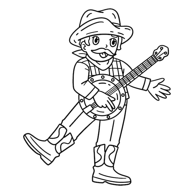 Pagina da colorare Cowboy che suona il banjo isolato