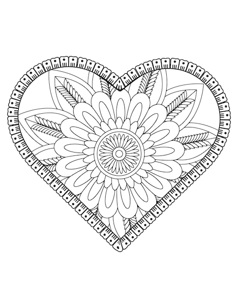 Pagina da colorare del cuore, libro da colorare di fiori per adulti, a forma di cuore, ornamento del cuore.