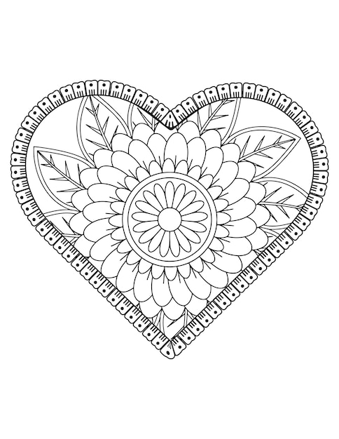 Pagina da colorare del cuore, libro da colorare di fiori per adulti, a forma di cuore, ornamento del cuore.