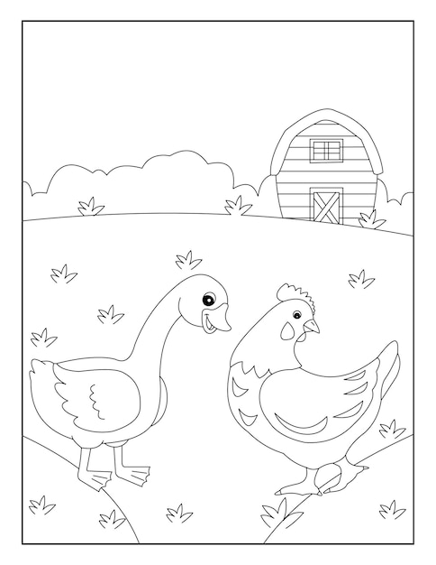 Pagina da colorare di anatra e pollo con sfondo