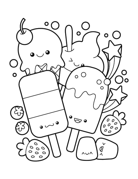 Pagina da colorare di gelato e dessert carino e kawaii