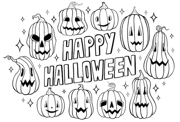 Pagina da colorare di Halloween felice con zucche spettrali disegnata a mano carino Halloween foglio da colorare illustrazione vettoriale