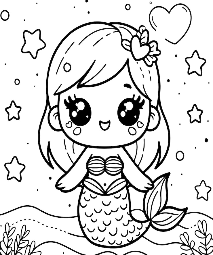 Pagina da colorare di semplici cartoni animati di sirene per bambini