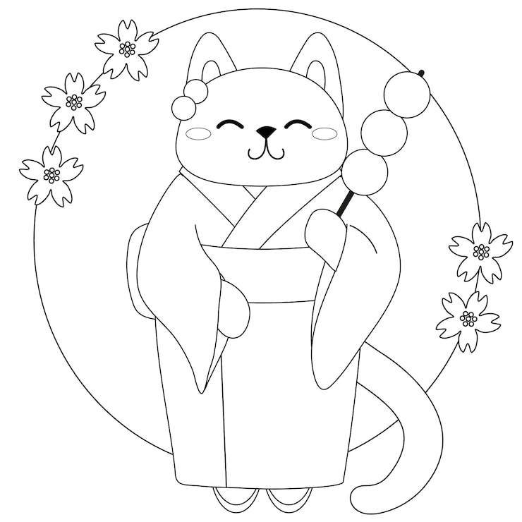 Vettore pagina da colorare di un simpatico gattino in kimono che mangia i dolci tradizionali giapponesi dango