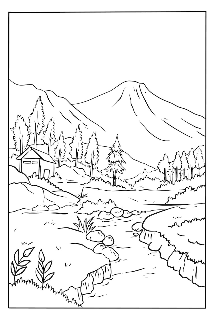 Vettore pagina da colorare di una scena di montagna con un fiume e una casa sullo sfondo.