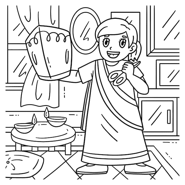Pagina da colorare Diwali Child with Sky Lantern