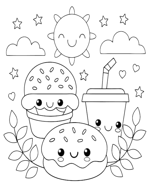 Pagina da colorare fun KawaiiStyle per bambini con elementi alimentari e meteorologici