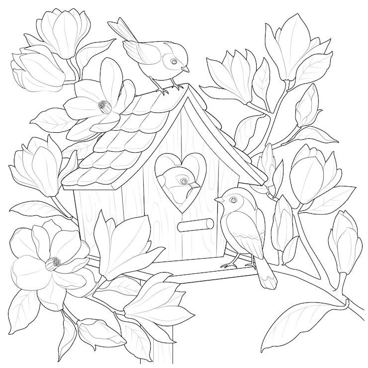 Vettore pagina da colorare gli uccelli nella casa degli uccelli su un ramo di magnolia terapia artistica in bianco e nero