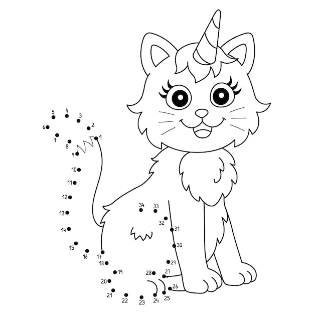 Pagina da colorare isolato del gatto unicorno da punto a punto