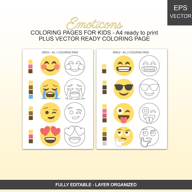 Pagina da colorare per bambini con l'emoticon e il campione di colore più popolari