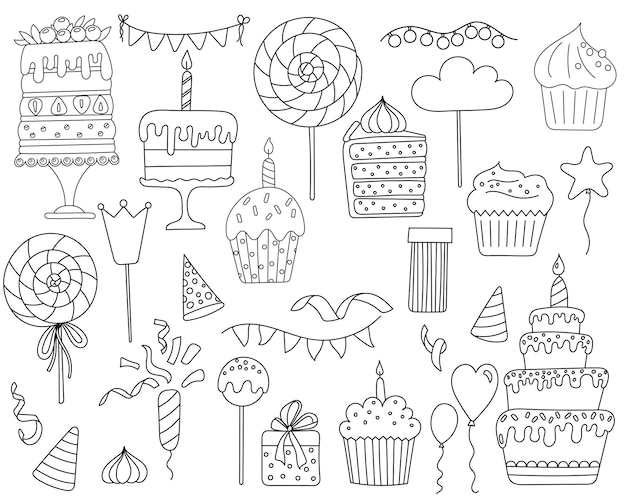 Pagina da colorare per bambini con una serie di dolci illustrazioni tra cui torte cupcakes e caramelle perfetti per la creatività di compleanno