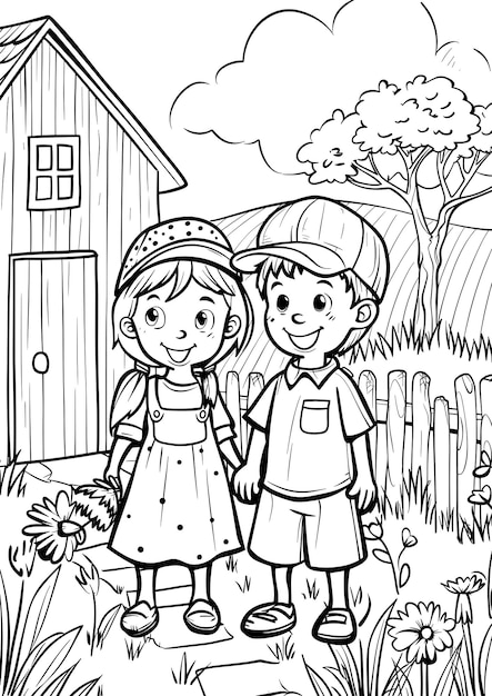 pagina da colorare per bambini di due bambini felici in piedi da una casa in un giardino