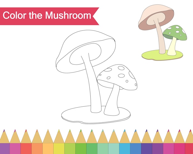 Pagina da colorare per l'illustrazione vettoriale dei funghi per bambini dell'asilo Pagine da colorare workshop di attività