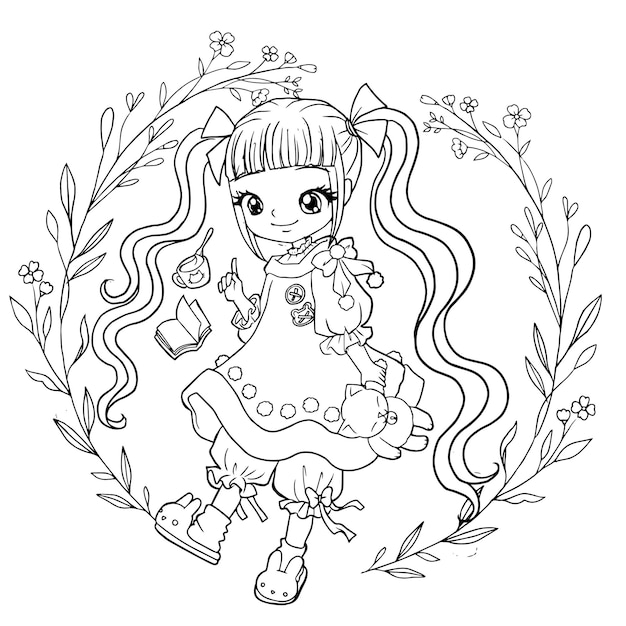 pagina da colorare ragazza carina cartone animato kawaii manga illustrazione clipart bambino disegno personaggio