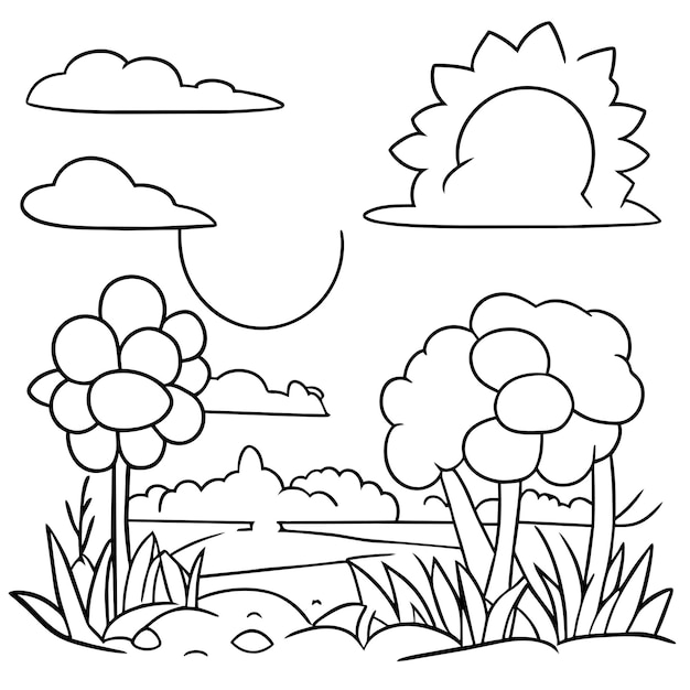 pagina da colorare scene di natura paesaggistica con nuvole di sole o scena di paesaggio di prato con molti alberi in fiore