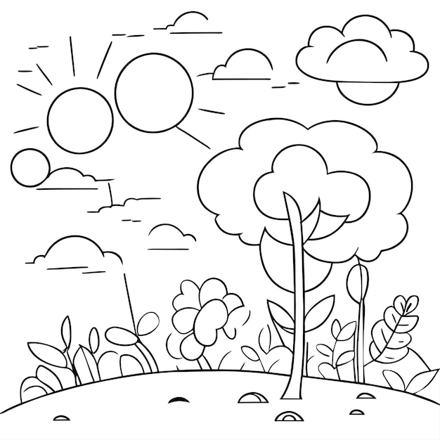 pagina da colorare scene di natura paesaggistica con nuvole di sole o scena di paesaggio di prato con molti alberi in fiore