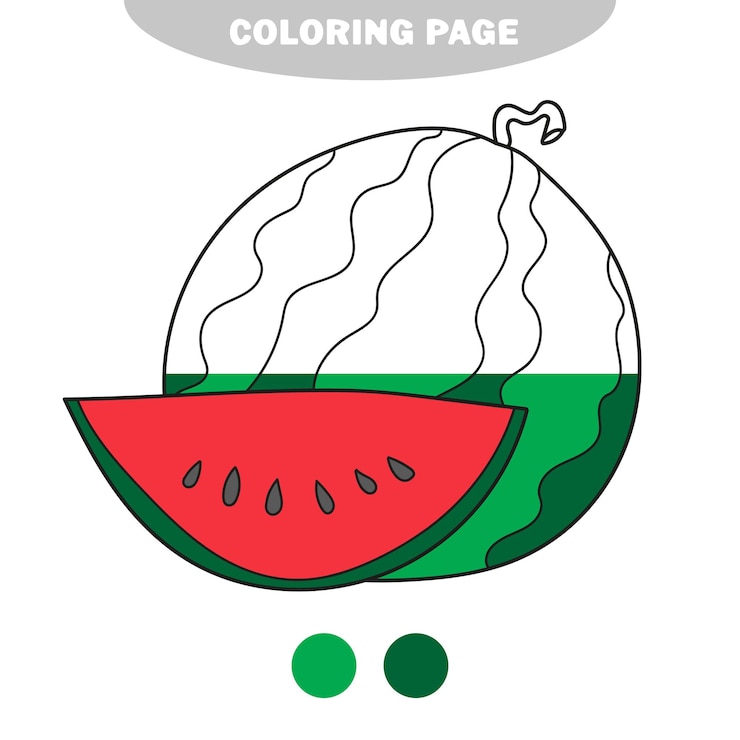 Vettore pagina da colorare semplice. illustrazione dell'anguria in bianco e nero isolata per il libro da colorare per i bambini. quadro dipinto a metà con campioni di colore