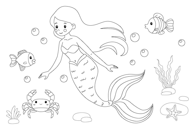 Pagina da colorare Sirena per bambini Illustrazione vettoriale in stile doodle isolata su sfondo bianco