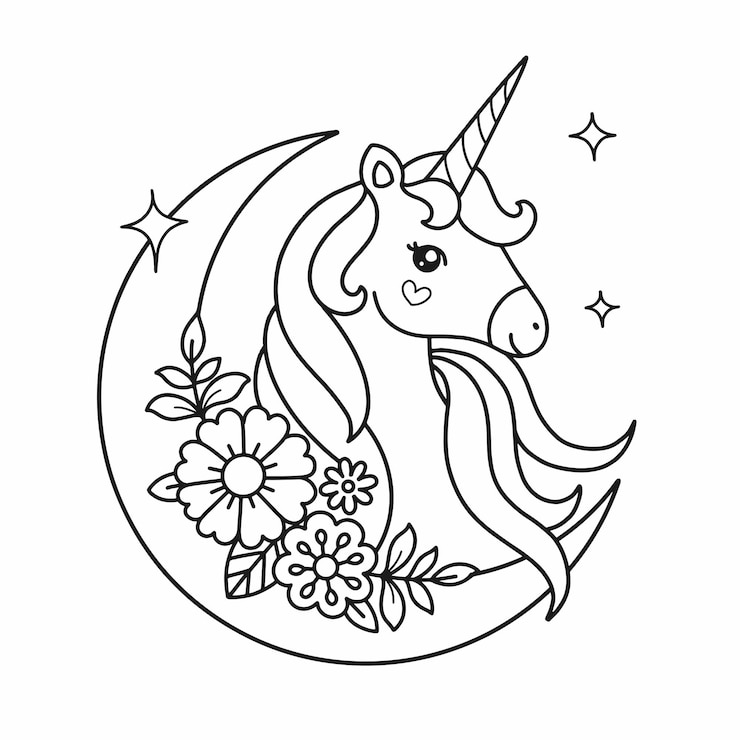 Vettore pagina da colorare stampabile della mezzaluna dei fiori dell'unicorno bella