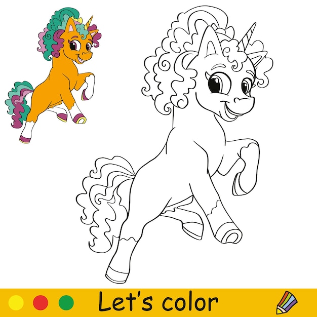 Pagina da colorare unicorno con illustrazione vettoriale modello 2