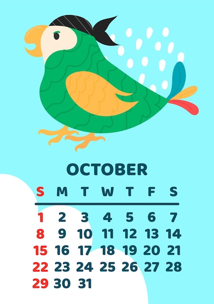 Pagina del calendario di ottobre 2023 Illustrazione del fumetto vettoriale con simpatico pappagallo pirata Modello per la stampa Layout verticale Sfondo bianco