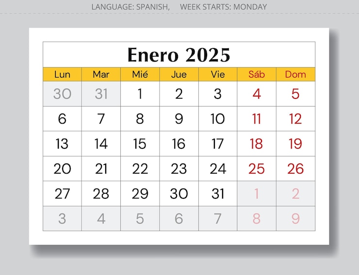 Vettore pagina del calendario spagnolo di gennaio 2025 enero illustrazioni vettoriali per il mese invernale per la spagna