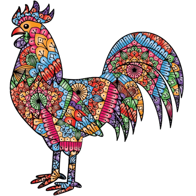 Pagina del libro da colorare di mandala animale disegnata a mano con disegno di mandala di pollo