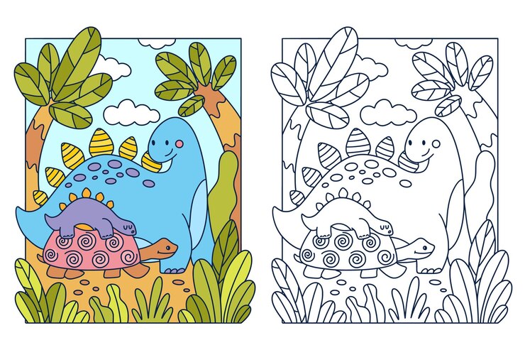 Pagina del libro da colorare simpatico cartone animato con la mamma e il bambino del dinosauro stegosauro