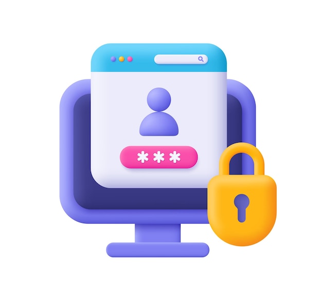Pagina del modulo di accesso sicuro con password sul computer e lucchetto icona vettoriale 3D in stile cartoon minimal