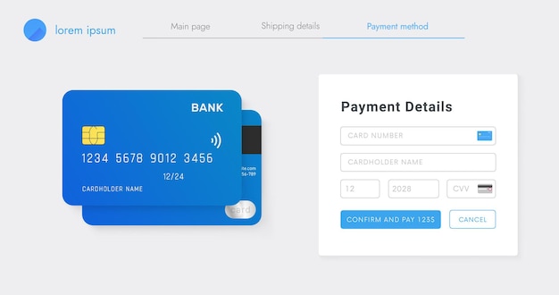 Pagina del sito Web con i dettagli di pagamento del modulo di progettazione dell'interfaccia utente. Finestra del browser con acquisto online del negozio online. Aggiungi carta di credito al web.