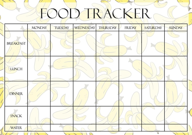 Pagina del tracker alimentare su sfondo banana pastello Modello di pianificatore settimanale pasti colazione pranzo cena spuntino assunzione di acqua conteggio calorie Concetto di nutrizione corretta Illustrazione vettoriale