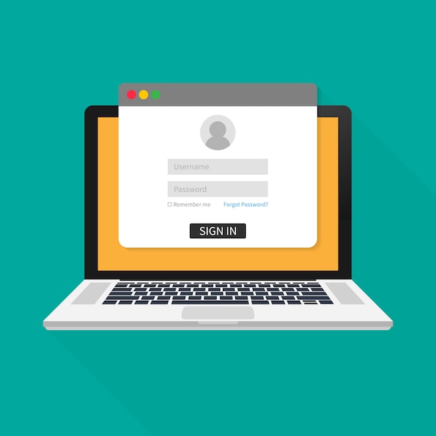Pagina di accesso sullo schermo del laptop. Notebook e modulo di accesso online, pagina di accesso. Profilo utente, accesso ai concetti dell'account. Illustrazione vettoriale