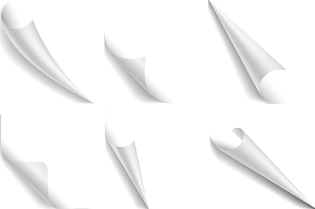 Pagina di carta angolo ricciolo Flip turn pieghe fogli bianchi raccolta adesivo angolo riccio confine piegato realistico documenti quadrati e note con ombre elementi stazionari set isolato vettoriale