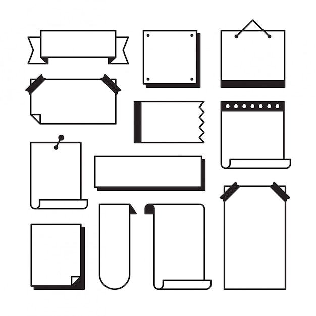 Pagina di carta doodle impostato nello stile di arte linea schizzo - pezzi di fogli di quaderno bianco con nastro adesivo e altri articoli di cancelleria isolato su bianco, illustrazione