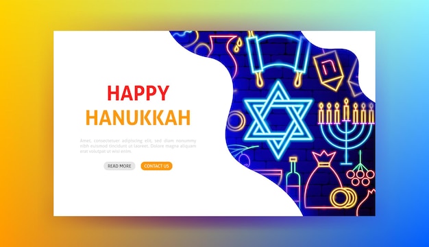 Pagina di destinazione al neon di Hanukkah felice. Illustrazione vettoriale di promozione ebraica.