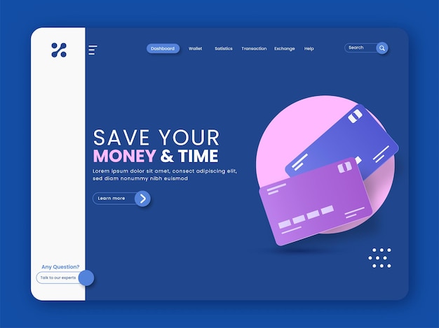 Pagina di destinazione basata su tempo e denaro per risparmiare denaro con carte di pagamento di colore blu.