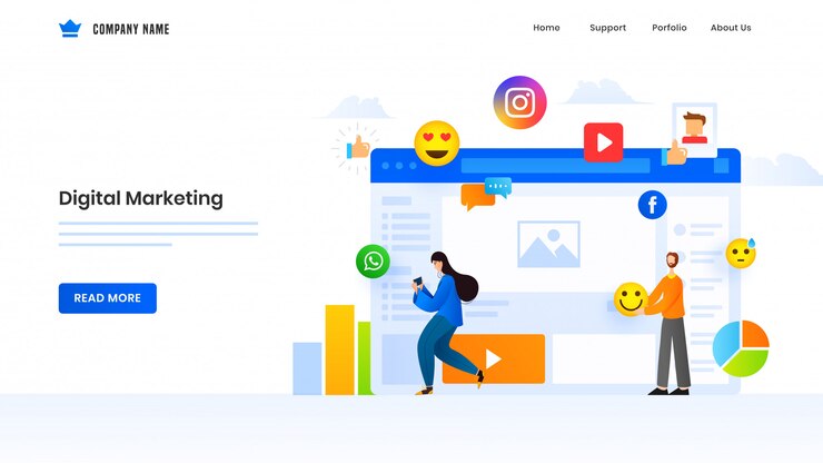 Vettore pagina di destinazione basata sul marketing digitale con uomo e donna utilizzando elementi di social media online.