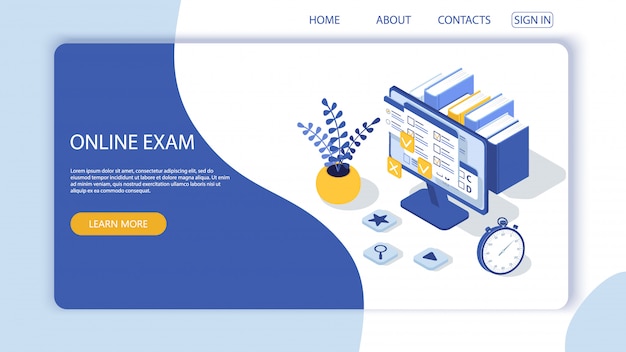 Pagina di destinazione con modello di progettazione per modulo di questionario, sondaggio di formazione online. Applicazione web per computer esame online. Istruzione, concetto di vettore di conoscenza.