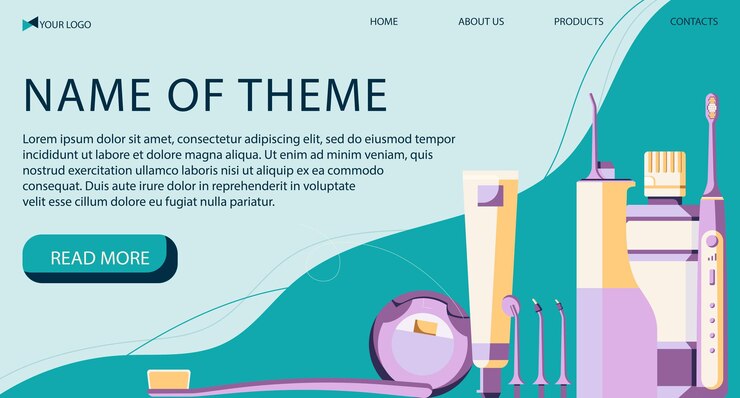 Pagina di destinazione con strumenti e strumenti dentali Forniture per stomatologia in uno stile piatto