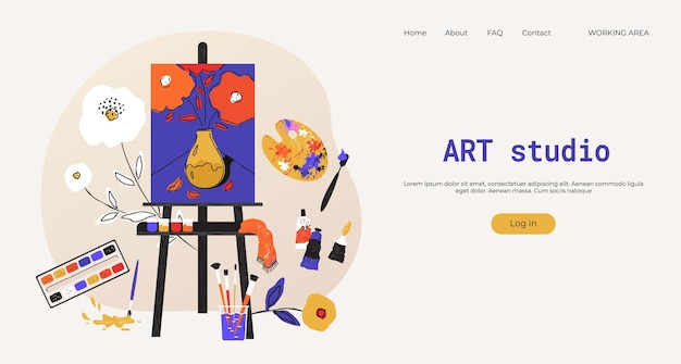 Pagina di destinazione del cavalletto di pittura Sito Web di accessori per studio d'arte Mockup dell'interfaccia utente Strumenti di classe per artisti Forniture per pittori Pennelli e matite tela da disegno Modello di interfaccia web vettoriale