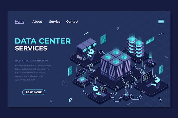 Pagina di destinazione del data center isometrico Storaggio cloud del database di rete Pagina di destination del sito web della tecnologia digitale Tecnologia isometrica